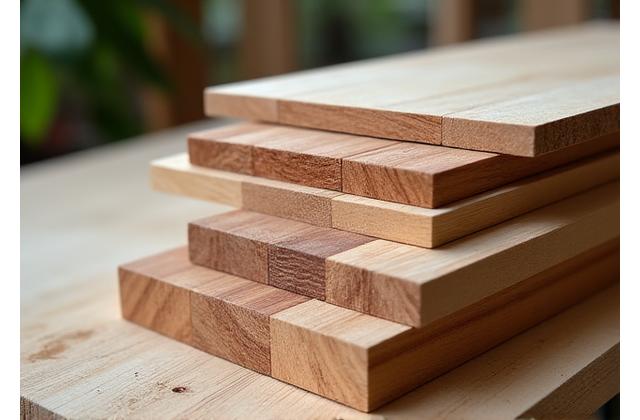 Diverse duurzaam verbouwde houtsoorten met FSC-keurmerk in een zonnige werkplaats