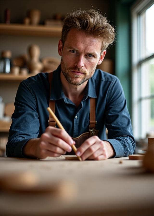 Oprichter van Boeg Blad, Elias de Groot, werkt kalm in zijn atelier aan een meubelstuk